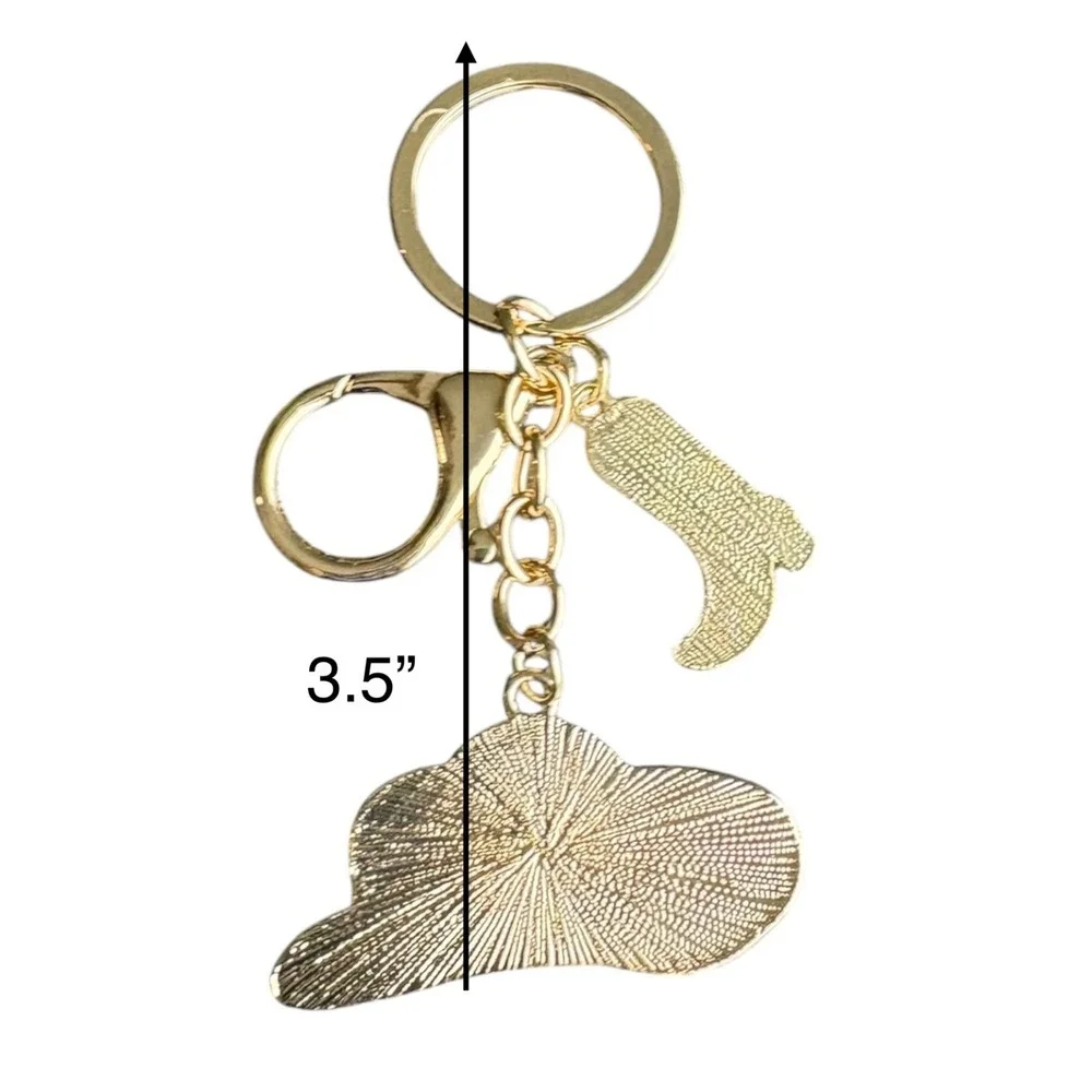 Women's Western Cowboy Hat Boot Charm Key Chain Black Gold Tone 3.5